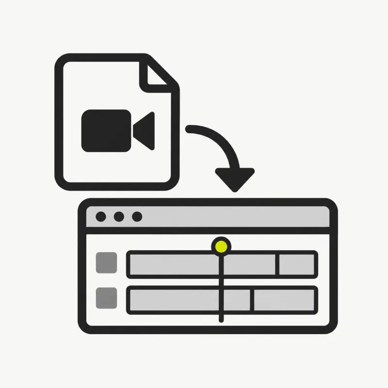 Illustration: a video file card entering a small editing timeline window
