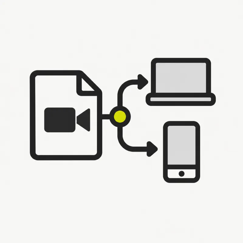 Illustration: a video file card with a share arrow branching to two device outlines